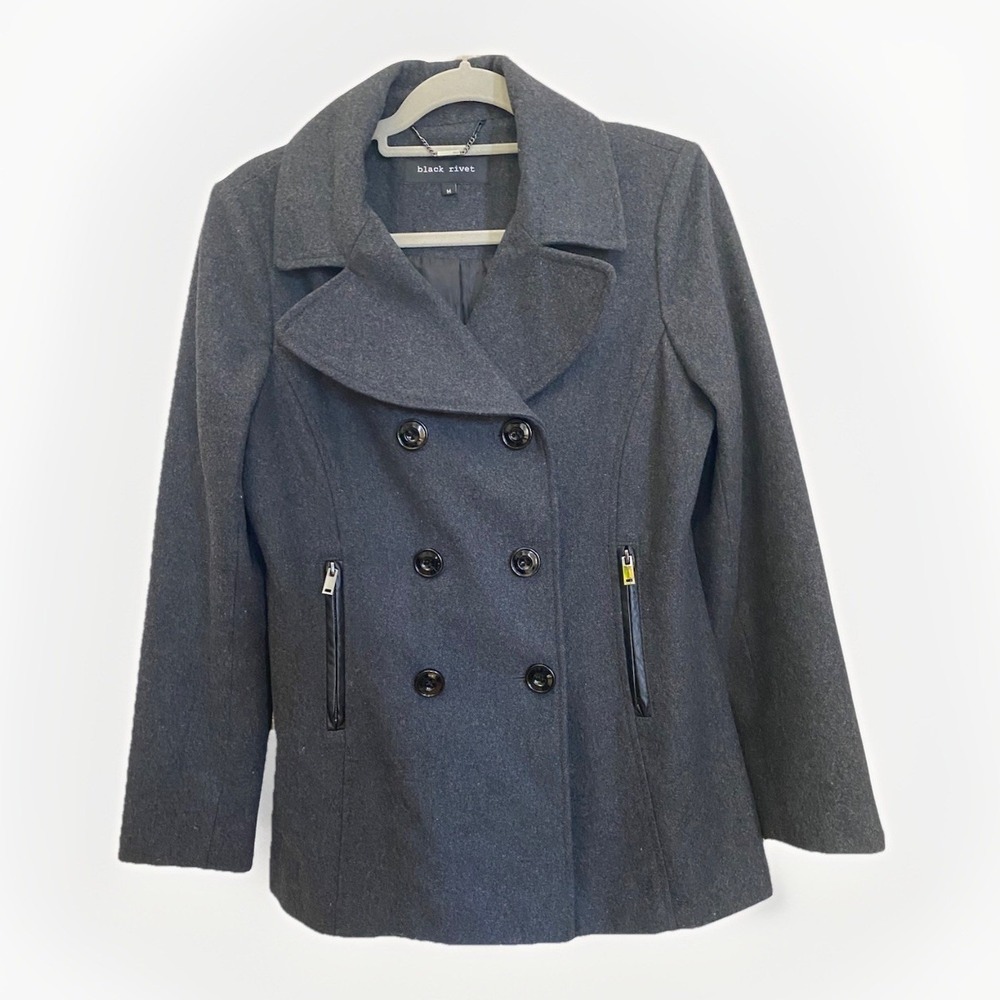 Black Rivet‎ Wool Blend Black Double Breasted Zip Pockets Peacoat Women M